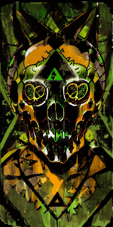 (a skull with triangle in the background, green color:1.2), (giant skull faced demon:1.2),  <lora:tarot card 512x1024:1>